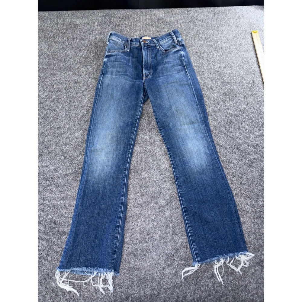 Mother Denim High Waisted Frayed Hem Straight Leg Jeans Blue Wash